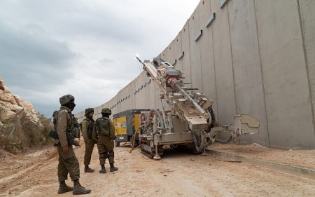 The Israeli military drills into the soil south of the Lebanese border in an effort to locate and destroy Hezbollah attack tunnels that it says entered Israeli territory, on December 5, 2018. (Israel Defense Forces)